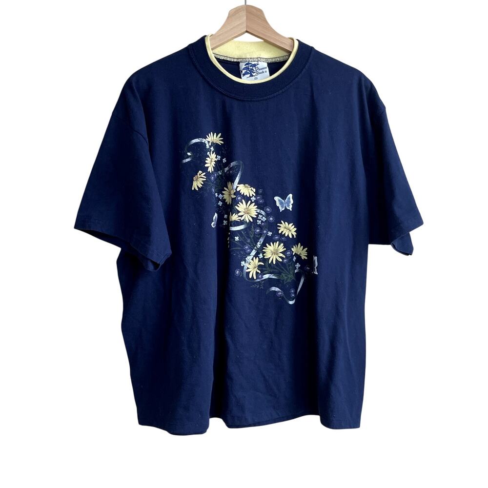 Pleasant Shade navy yellow double collared vintage retro floral shirt women's 2X